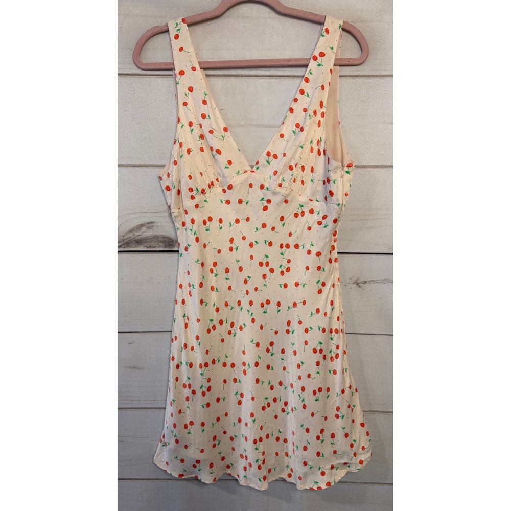 Zara Womens Cherry Print V-Neck Satin Mini Dress Cream Red XL‎